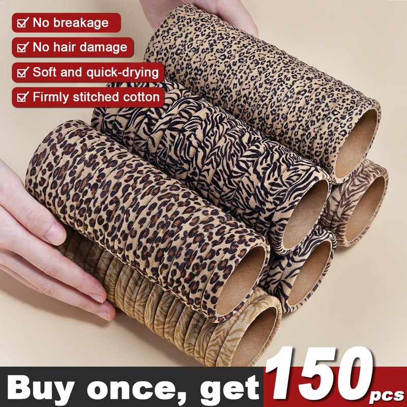 IKOCO 150PCS Hair Ties, Hair Ties for Women No Damage, Cotton Seamless Ponytail Holders for Thick Hair, Leopard Animal Print - Image 2